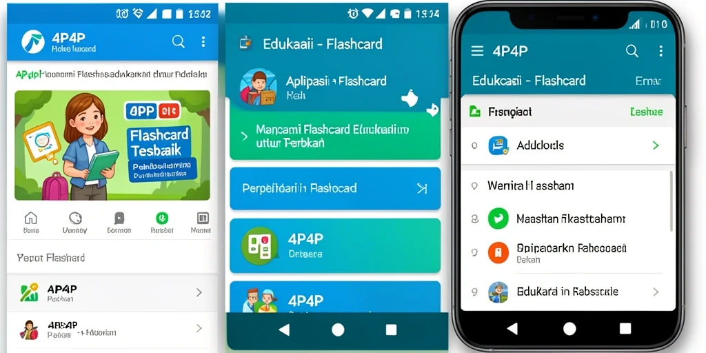 Antarmuka aplikasi 4P4P yang menarik untuk belajar Flashcard.